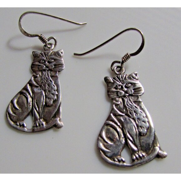 Sterling Silver Cat  Dangling Drop  Earrings Repousse  Kitten  LEX  925 - Picture 2 of 3